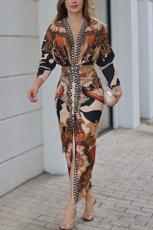 Vestido midi Verra con estampado único, manga murciélago larga, fruncido y abertura