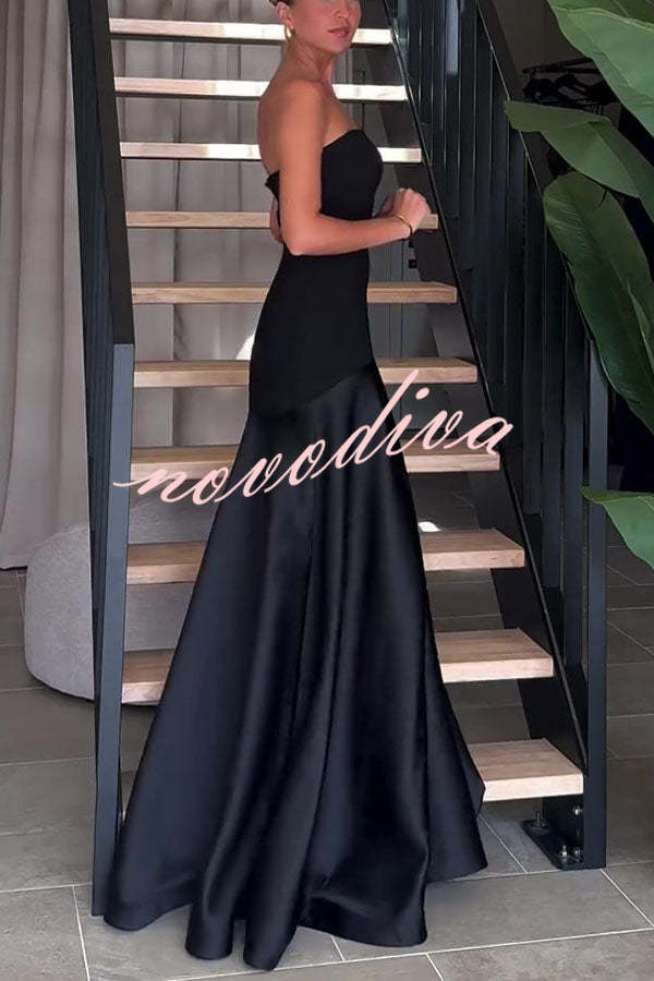 Vestido largo de gala palabra de honor de satén con paneles y vuelo, elegancia atemporal