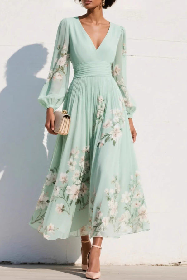 Vestido largo casual con estampado floral, escote en V, manga larga y cintura entallada