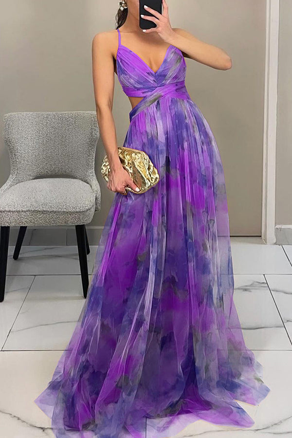 Vestido largo Giselle de tul con estampado floral, cintura con abertura y lazada en la espalda