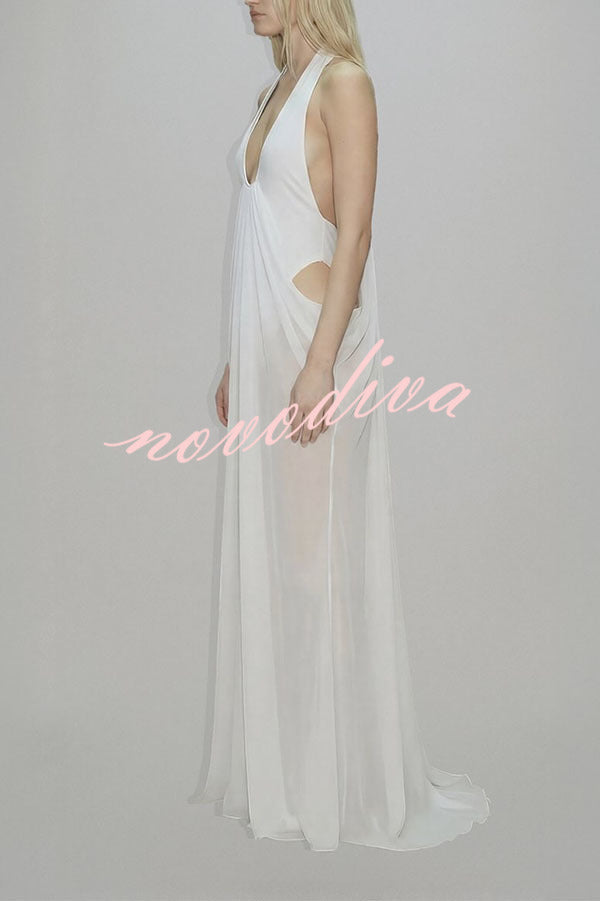 Vestido Musa Azafrán drapeado con cuello halter