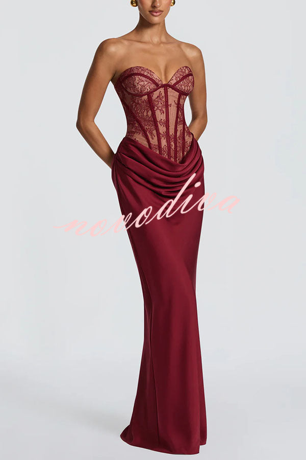 Vestido largo Kathleen palabra de honor de encaje floral con detalle estructurado en contraste, lazada en la espalda y bajo de satén
