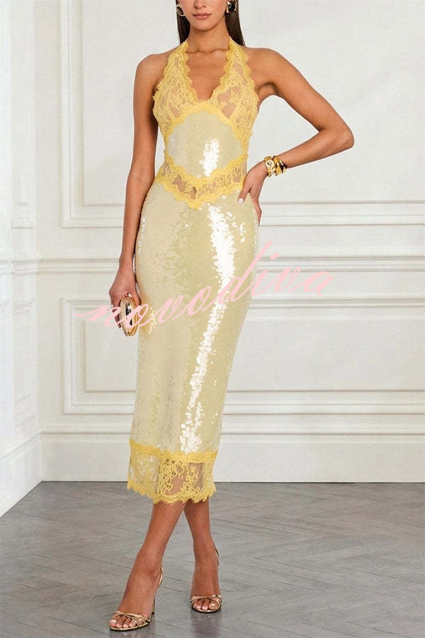 Vestido midi lápiz Vicky de lentejuelas con flores, ribete de encaje transparente y cuello halter