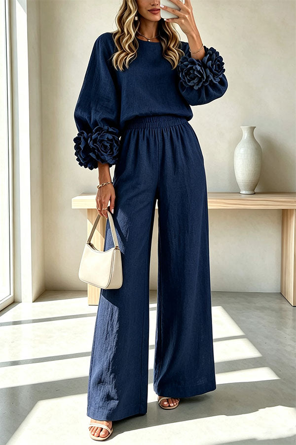 Conjunto de mezcla de lino de blusa con puños florales y pantalón con cintura elástica y bolsillos