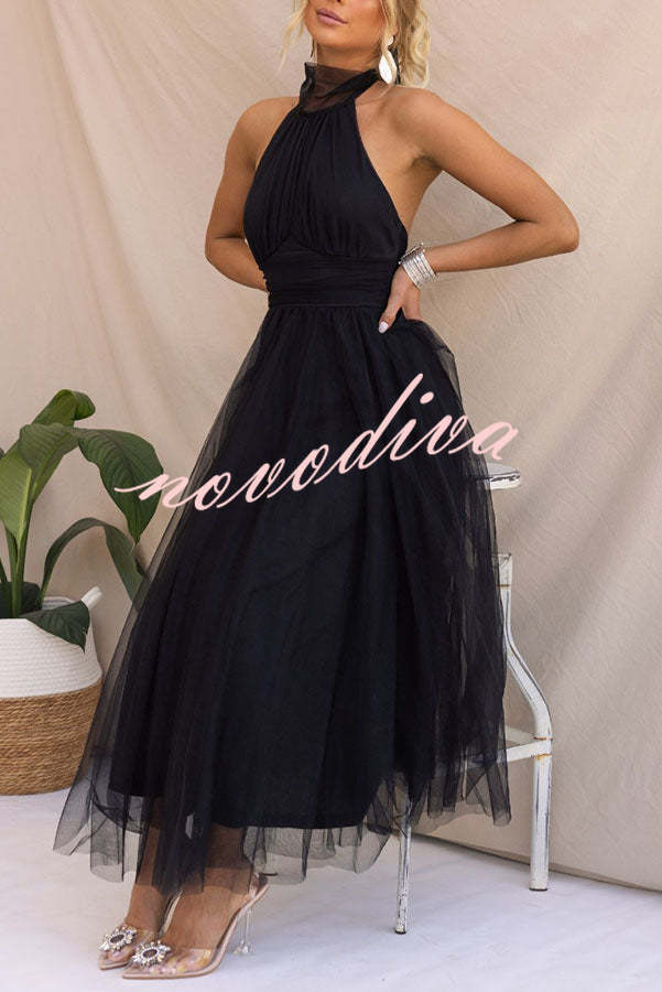 Vestido largo halter Fairy Vibes de tul con detalle fruncido