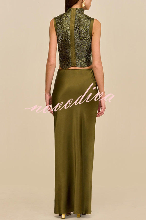 Top de tirantes Siempre Impecable de cuello alto con arcos brillantes y flecos hechos a mano