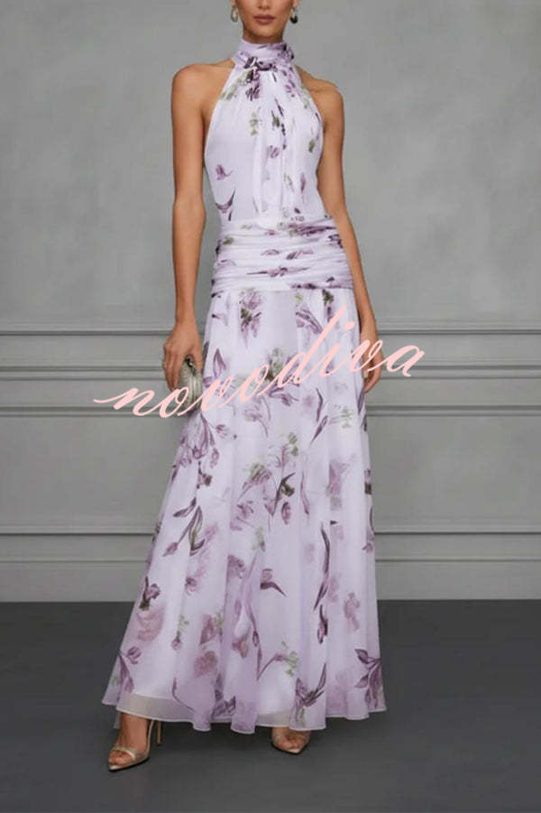 Vestido Aria floral halter fruncido