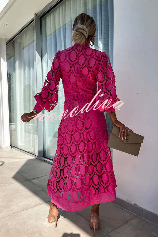 Vestido midi de fiesta Romántico, Sensual y Elegante de encaje de ganchillo con manga farol