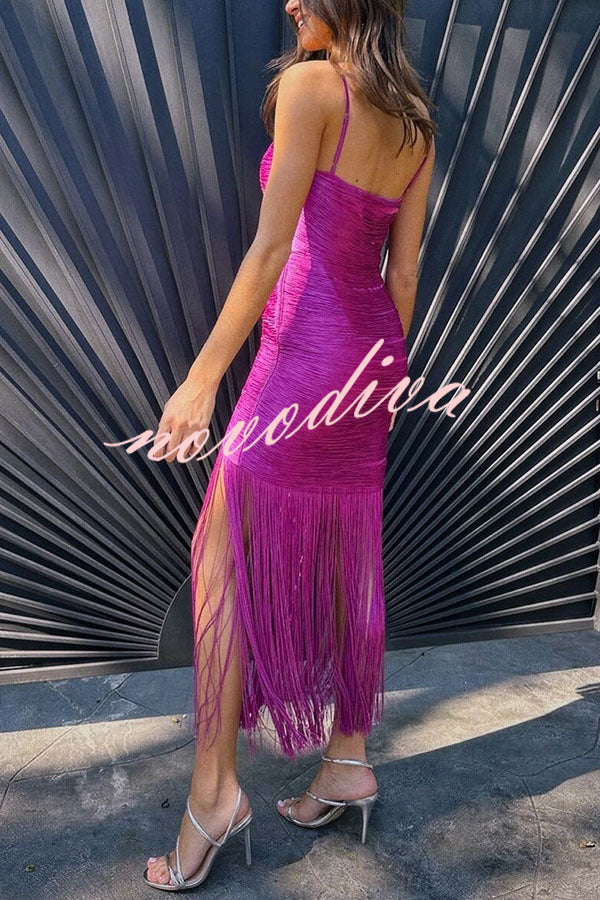 Vestido largo lencero Cocktail Party con flecos, cuello caído, sin mangas y bajo drapeado