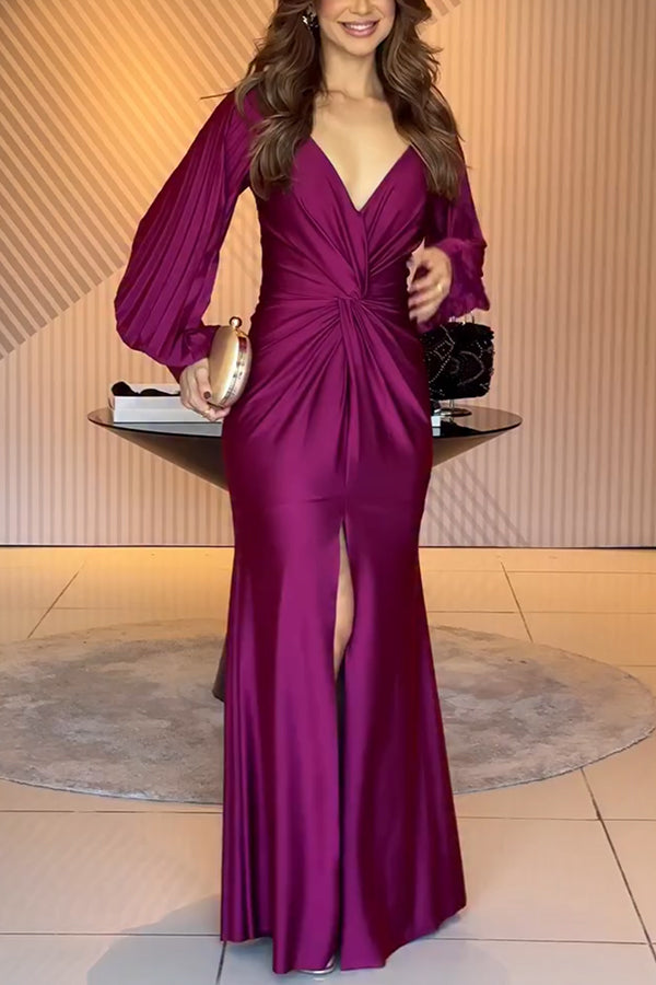 Vestido largo Brindemos de satén con manga larga globo, cintura cruzada y abertura