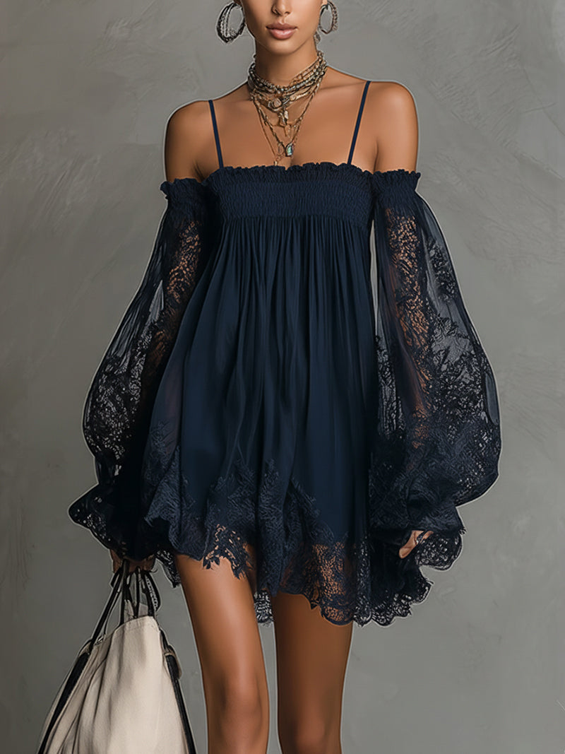 Noemi™ | Vestido mini de gasa y encaje azul marino