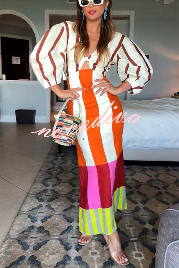 Vestido largo Kaya de mezcla de lino con estampado de bloques de color, abertura delantera con nudo y manga abullonada