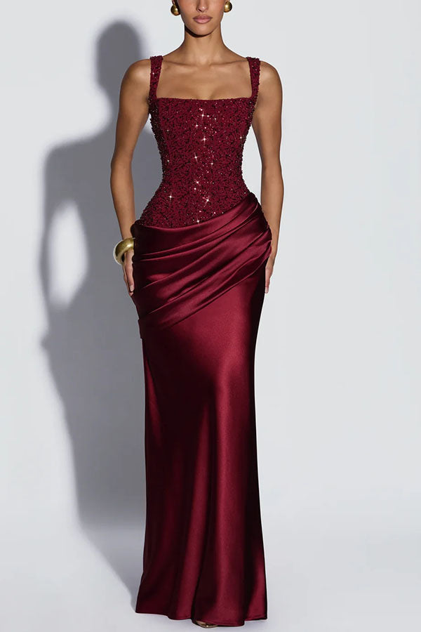 Vestido largo Alexandria de lentejuelas con escote cuadrado, lazada en la espalda y capa drapeada de satén con cuello caído