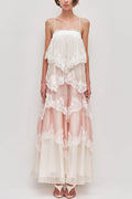 Vestido largo Caroline degradado con volantes escalonados, ribete de encaje, tirantes ajustables, espalda descubierta y corte en A