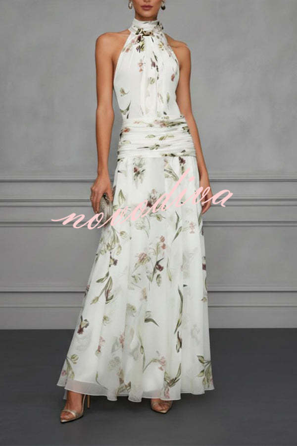 Vestido Aria floral halter fruncido