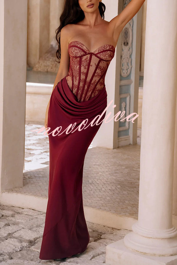 Vestido largo Kathleen palabra de honor de encaje floral con detalle estructurado en contraste, lazada en la espalda y bajo de satén