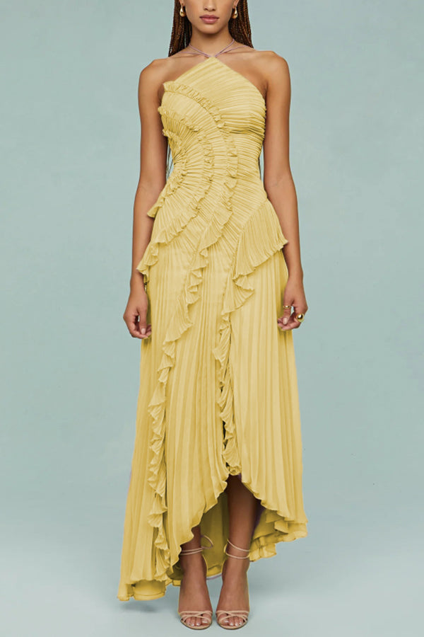 Vestido largo de gala halter Dream Ode con pliegues y volantes estilo nenúfar