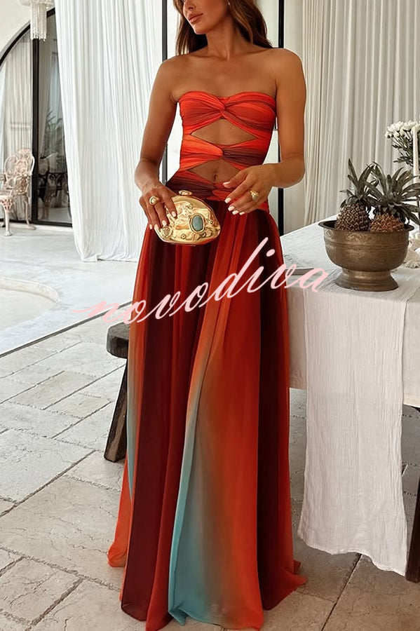 Vestido largo Atardecer en Cerdeña de malla estampada con hombros descubiertos, torsión y abertura, ideal para vacaciones