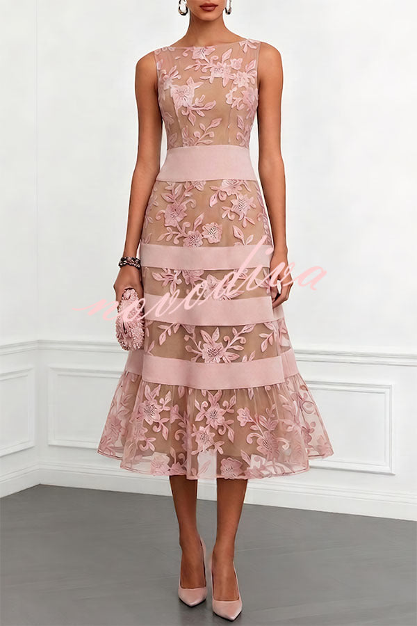 Vestido midi evasé Rosmie de encaje de malla con flores, bloques de color, escote barco y sin mangas