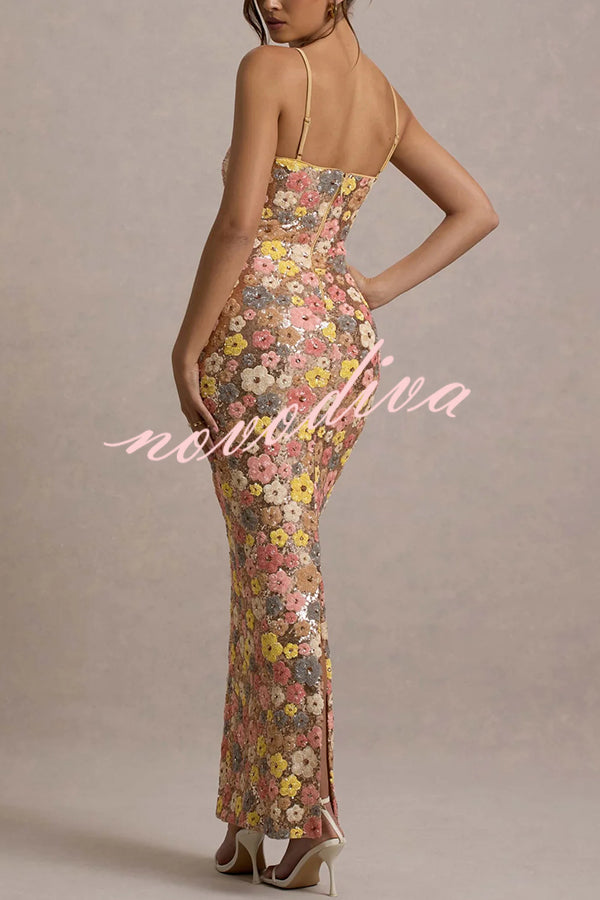 Vestido largo elástico de tirantes con lentejuelas, estampado floral inspiración años 80 y escote cuadrado