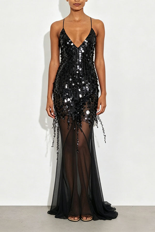 Vestido largo lencero Noche Perfecta de lentejuelas bordadas con espalda descubierta y bajo drapeado de tul