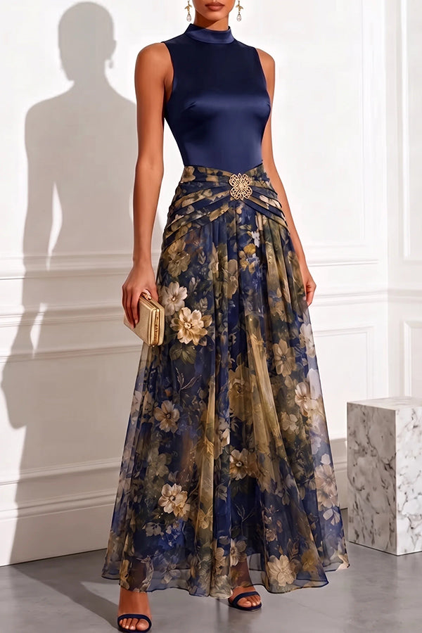 Vestido largo Prairie de satén con cuello alto, detalle de mariposa metalizada y bajo de tul floral