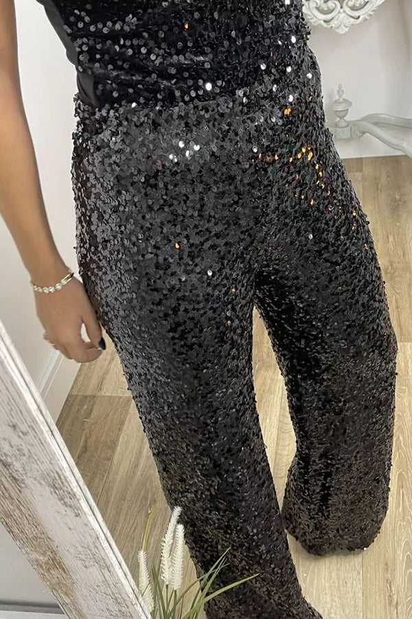 Pantalón ancho Glamour Deslumbrante de lentejuelas de talle alto con cintura elástica