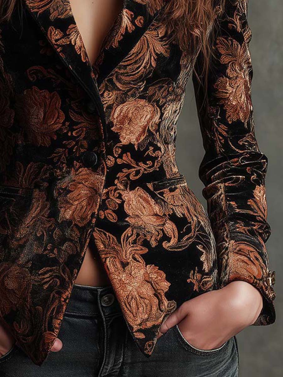 Blazer Sastre con Estampado Floral Negro y Bronce para Mujer