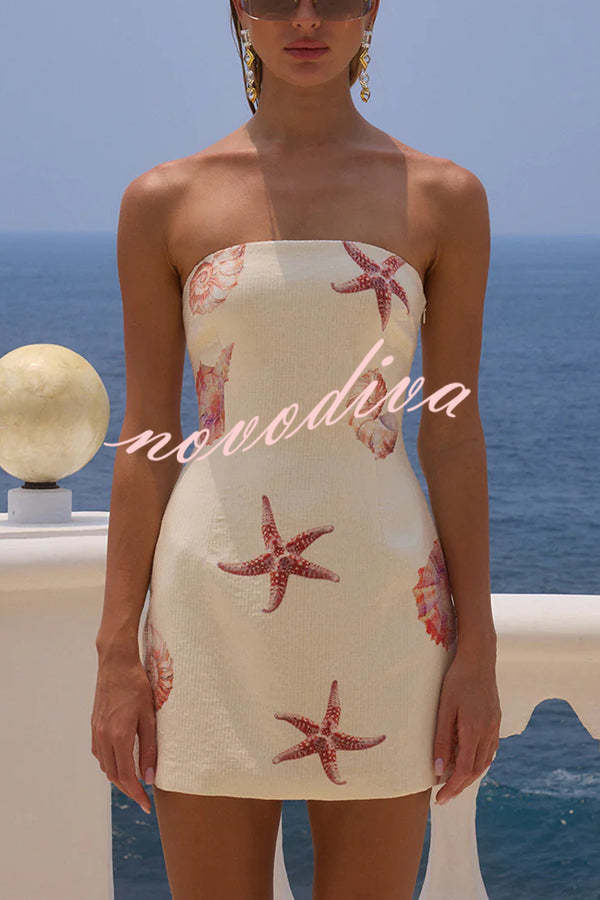 Minivestido elástico palabra de honor Beach Club de lentejuelas con estampado exclusivo