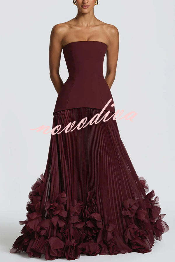 Vestido largo de gala Serafina palabra de honor con apliques florales hechos a mano, bajo plisado y lazada en la espalda