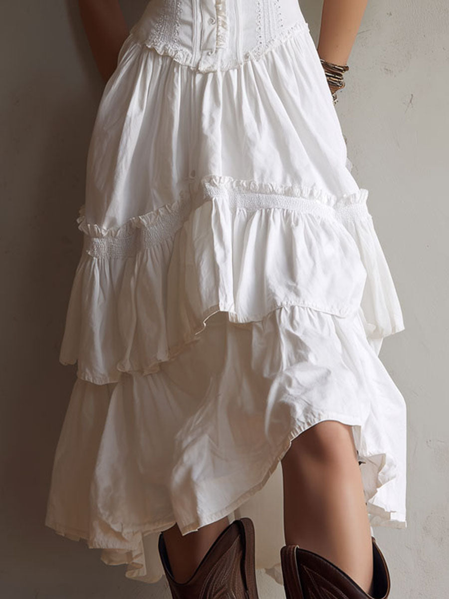 Vestido Midi Bohemio Retro de Corsé por Capas con Ribete de Encaje