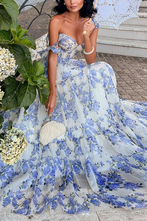 Vestido largo Fairytale Itself de organza con estampado floral y tirantes anudados
