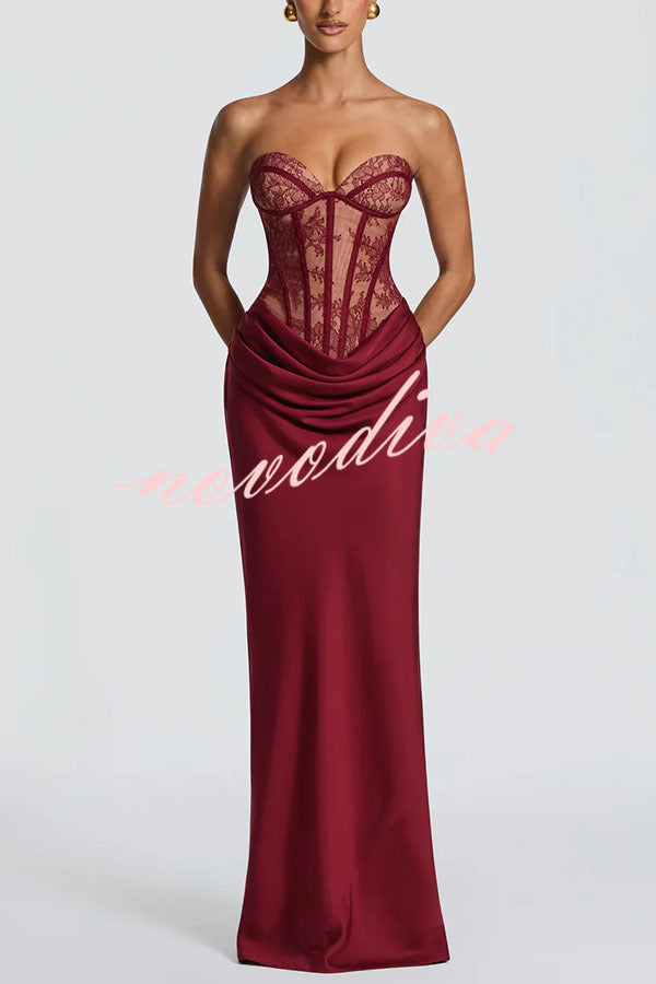 Vestido largo Kathleen palabra de honor de encaje floral con detalle estructurado en contraste, lazada en la espalda y bajo de satén