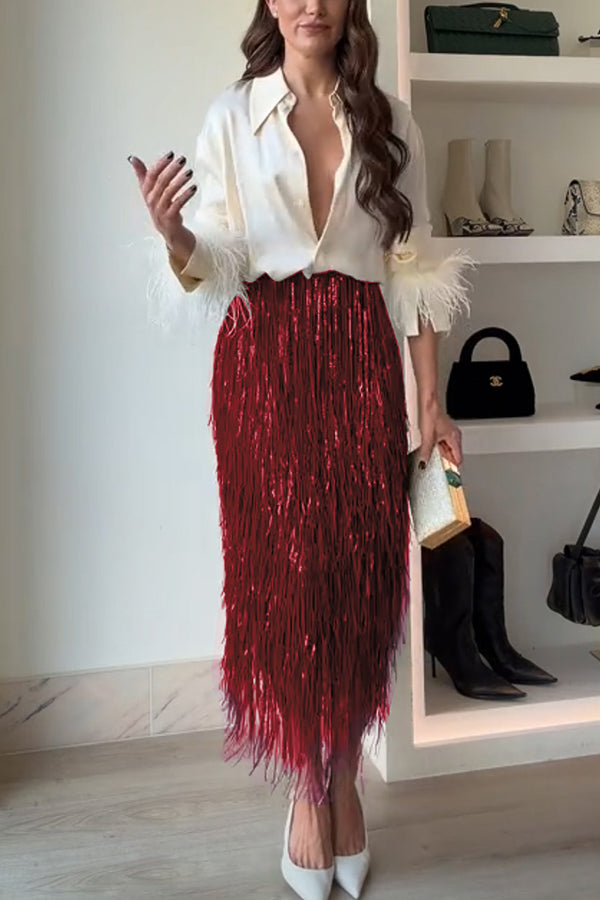 Falda midi Reina de la Fiesta con flecos de lentejuelas en capas, talle alto y cremallera trasera