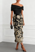 Vestido midi ajustado clásico con bordado floral 3D, hombros descubiertos y manga corta
