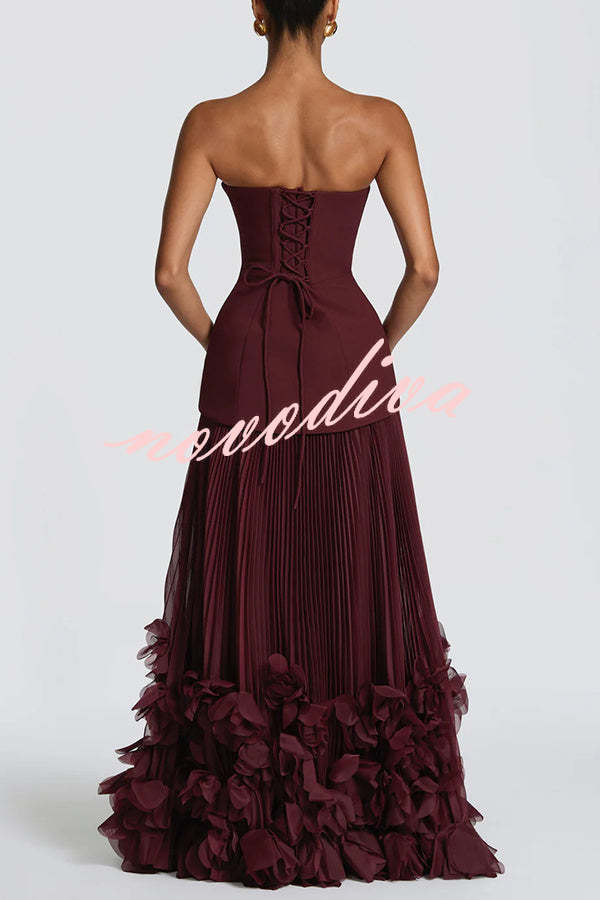 Vestido largo de gala Serafina palabra de honor con apliques florales hechos a mano, bajo plisado y lazada en la espalda