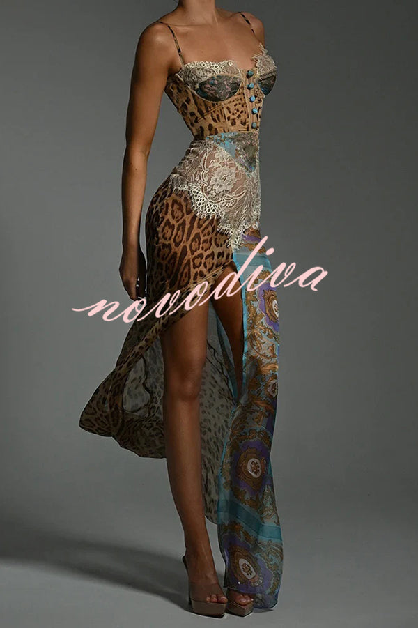 Vestido largo ajustado de gasa con estampado de leopardo, paneles de encaje sexy y abertura alta