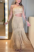 Vestido largo Estilo Renovado de punto calado asimétrico de un hombro con abertura en la cintura y bajo de flecos