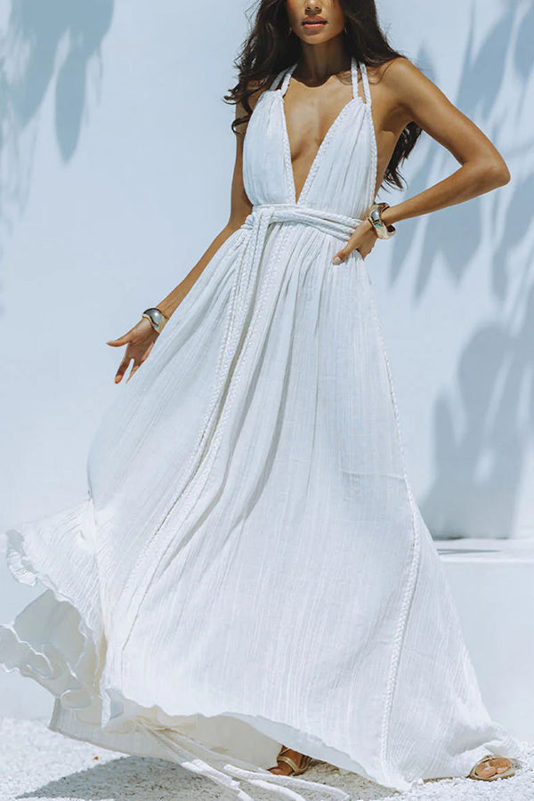 Vestido largo de mezcla de lino tipo pareo con trenzas drapeadas, escote en V profundo, cuello halter y espalda descubierta