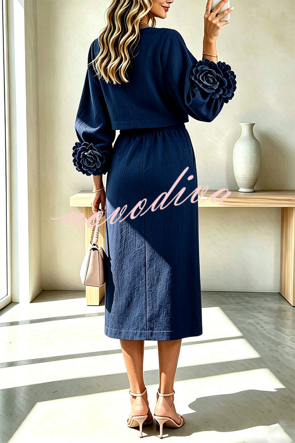 Conjunto de mezcla de lino de blusa con botones de flor y puños florales y falda midi con cintura elástica y bolsillos