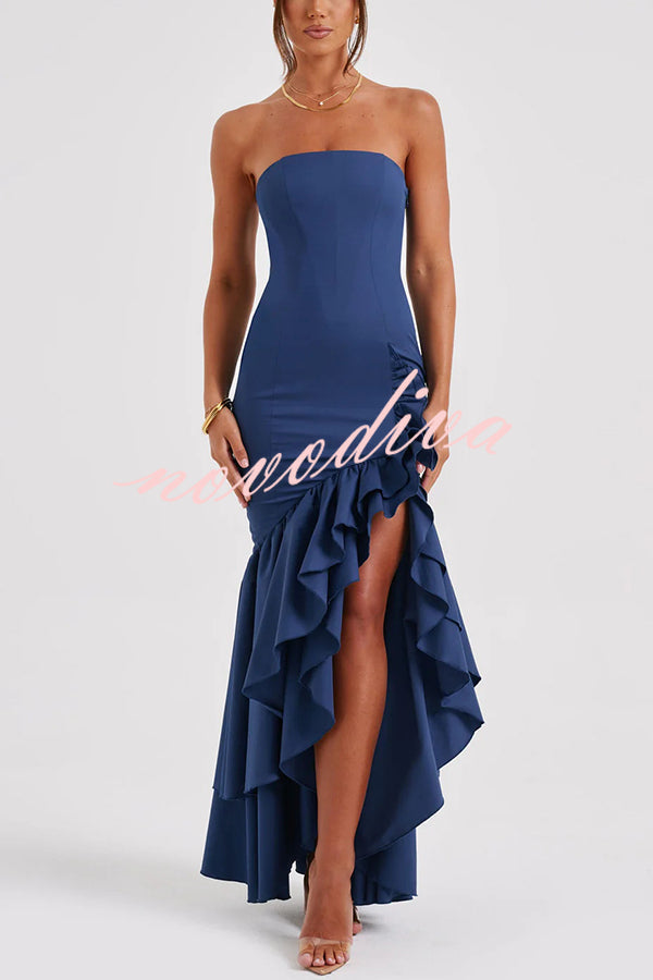 Vestido largo ajustado sexy con hombros descubiertos y bajo irregular