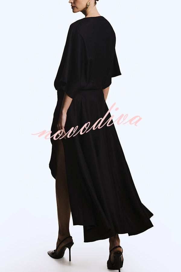 Vestido largo holgado Moderno y Elegante de satén cruzado con media manga ancha, bolsillos y abertura