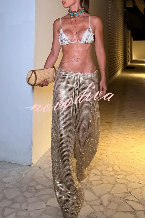 Pantalón ancho Rileigh de punto metalizado calado de talle medio con cintura elástica