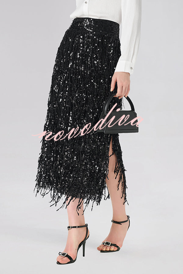 Falda midi Evening Charm de talle alto con flecos de lentejuelas superpuestos, cremallera trasera y abertura