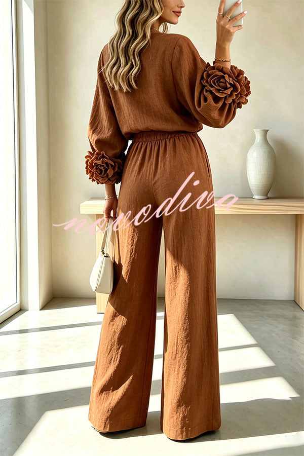 Conjunto de mezcla de lino de blusa con puños florales y pantalón con cintura elástica y bolsillos