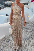 Vestido largo Noche en Santorini de tejido de lentejuelas asimétrico de un hombro con abertura