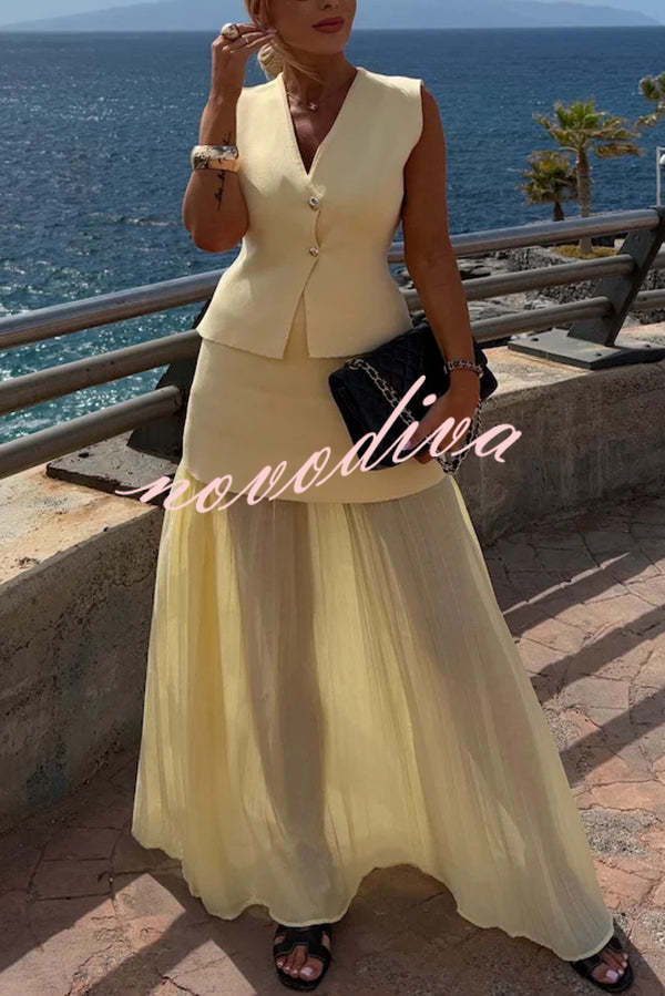 Chaleco holgado de punto con escote en V y botones dorados, elegante y con estilo