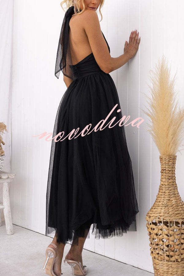 Vestido largo halter Fairy Vibes de tul con detalle fruncido