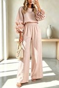 Conjunto de mezcla de lino de blusa con puños florales y pantalón con cintura elástica y bolsillos