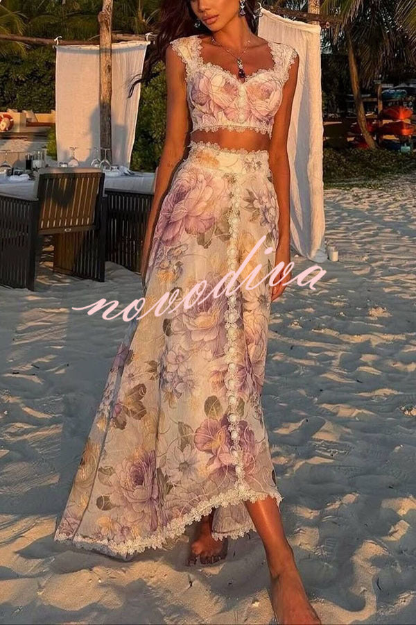 Conjunto Romántico y Bonito de top de tirantes con estampado floral, ribete de encaje y escote corazón y falda larga de talle alto